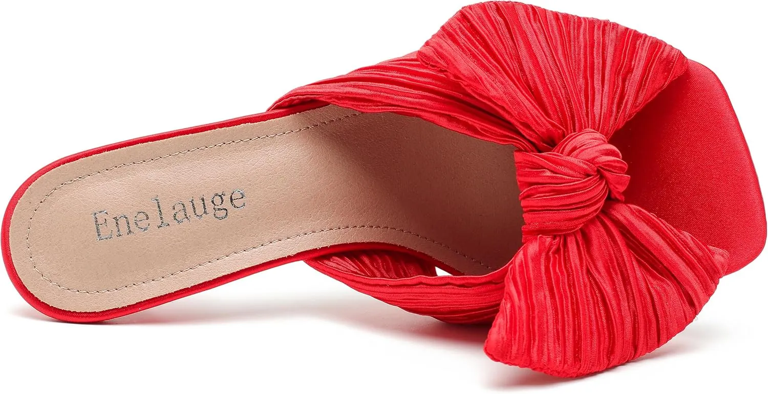 Women's Bow Knot Heeled Sandals Open Toe Low Kitten Heels Mules Sandals Slip On Pleated Wedding Bridal Party Dress Shoes