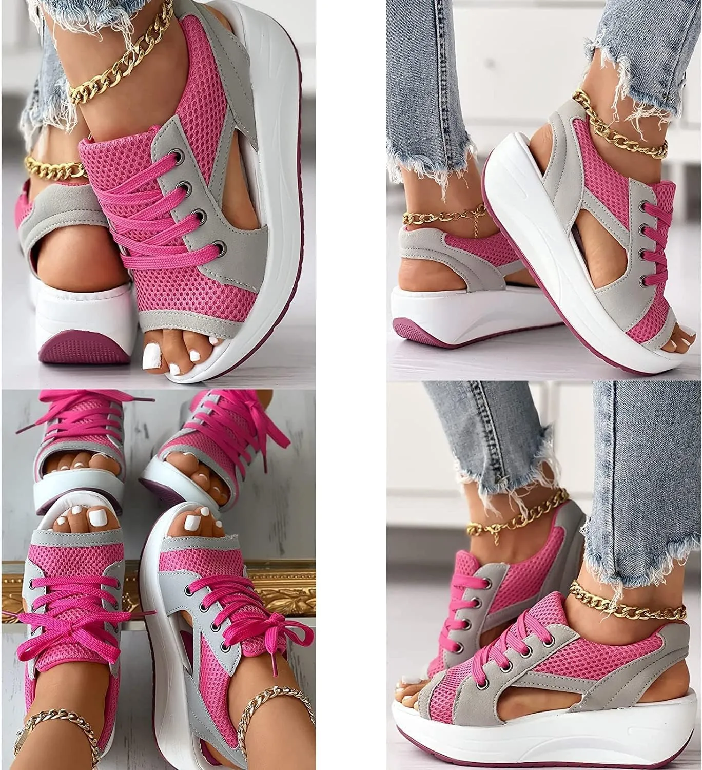 Women's Breathable Mesh Open Toe Sandals Platform Wedge Sneakers,Lace Up Non-Slip Soft Sole Increased Height Sandals