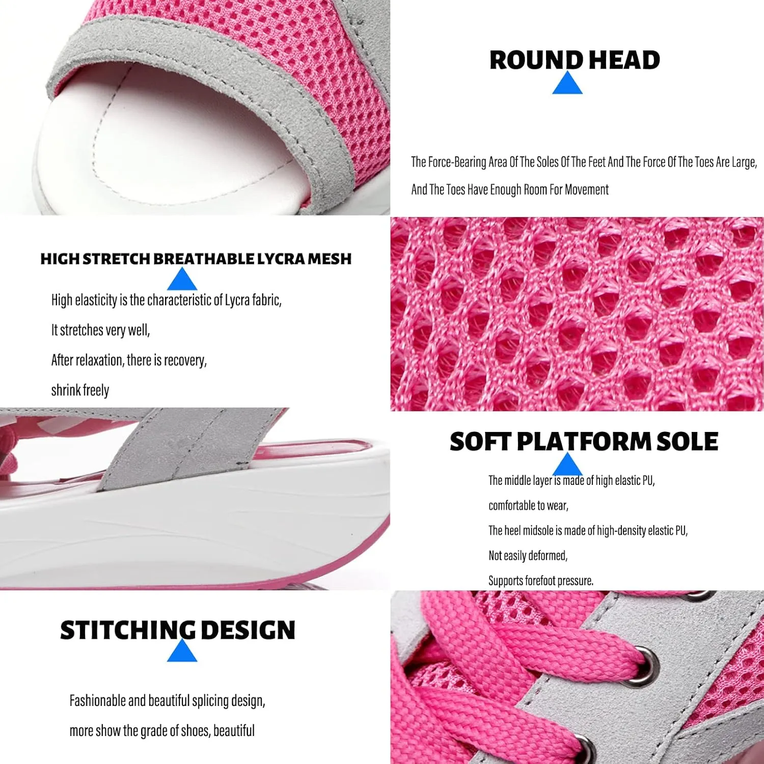 Women's Breathable Mesh Open Toe Sandals Platform Wedge Sneakers,Lace Up Non-Slip Soft Sole Increased Height Sandals