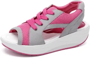 Women's Breathable Mesh Open Toe Sandals Platform Wedge Sneakers,Lace Up Non-Slip Soft Sole Increased Height Sandals