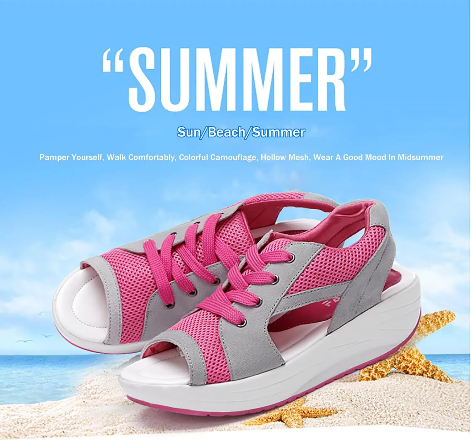 Women's Breathable Mesh Open Toe Sandals Platform Wedge Sneakers,Lace Up Non-Slip Soft Sole Increased Height Sandals