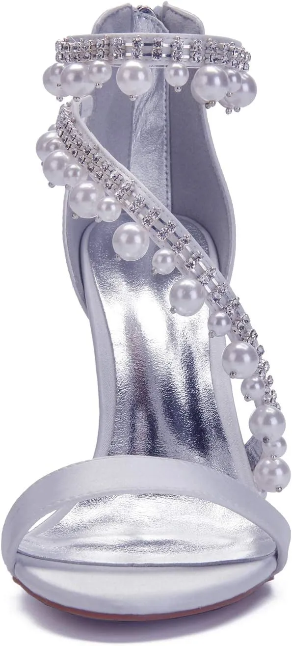 Women's Bridal Wedding Sandals High Heel Ankle Strap Pearl Zipper Back Formal Evening Prom Party Dress Satin Shoes Heels Pumps