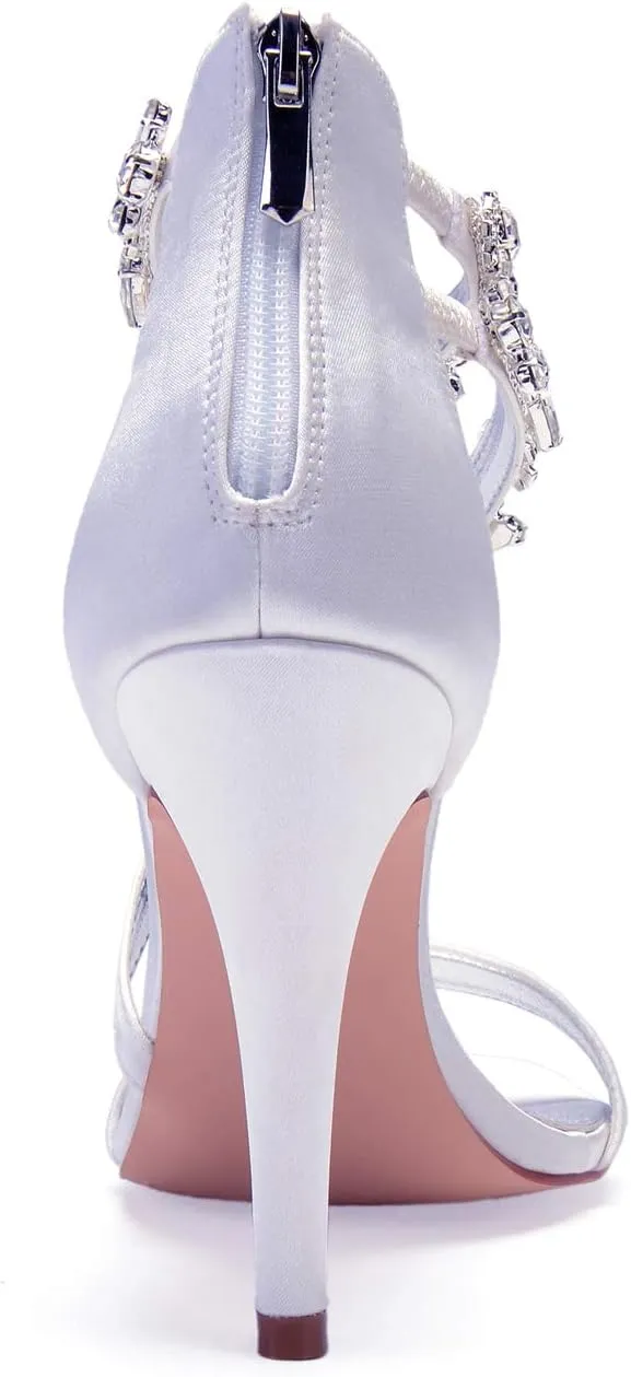 Women's Bridal Wedding Sandals High Heel Ankle Strap Pearl Zipper Back Formal Evening Prom Party Dress Satin Shoes Heels Pumps