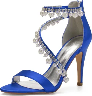 Women's Bridal Wedding Sandals High Heel Ankle Strap Pearl Zipper Back Formal Evening Prom Party Dress Satin Shoes Heels Pumps