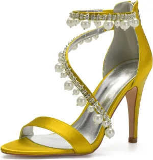 Women's Bridal Wedding Sandals High Heel Ankle Strap Pearl Zipper Back Formal Evening Prom Party Dress Satin Shoes Heels Pumps
