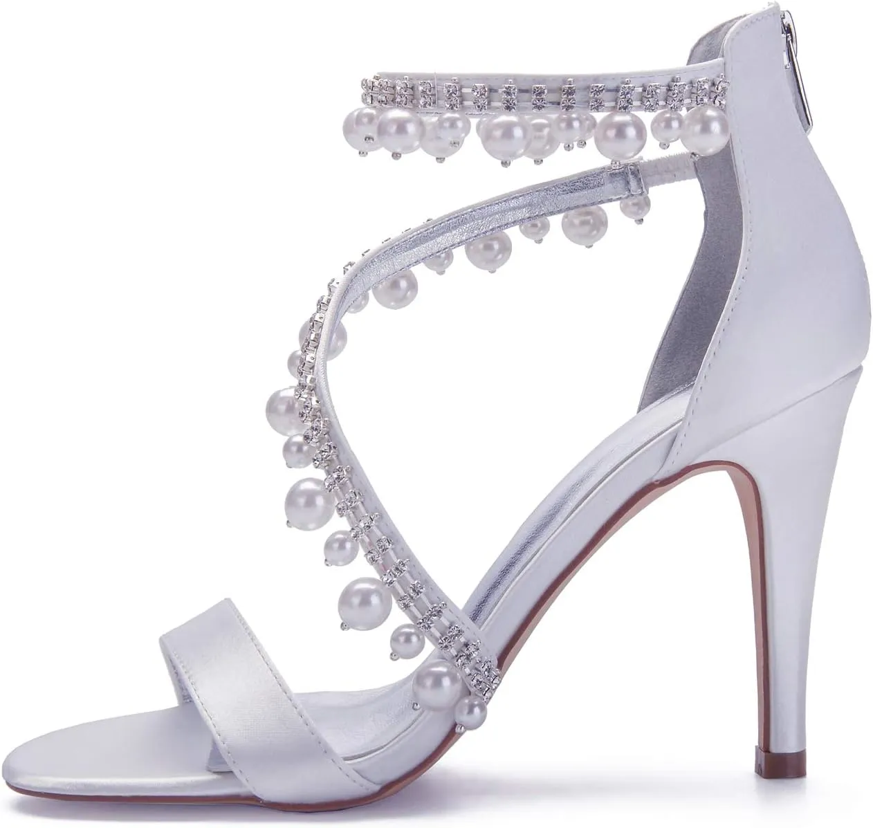 Women's Bridal Wedding Sandals High Heel Ankle Strap Pearl Zipper Back Formal Evening Prom Party Dress Satin Shoes Heels Pumps