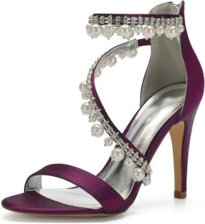 Women's Bridal Wedding Sandals High Heel Ankle Strap Pearl Zipper Back Formal Evening Prom Party Dress Satin Shoes Heels Pumps