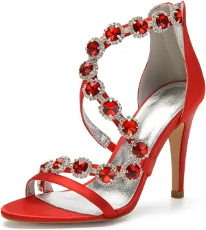 Women's Bridal Wedding Sandals High Heels Crystal Satin Ankle Strap Rhinestones Zipper Back Formal Evening Prom Party Dress Shoes Pumps