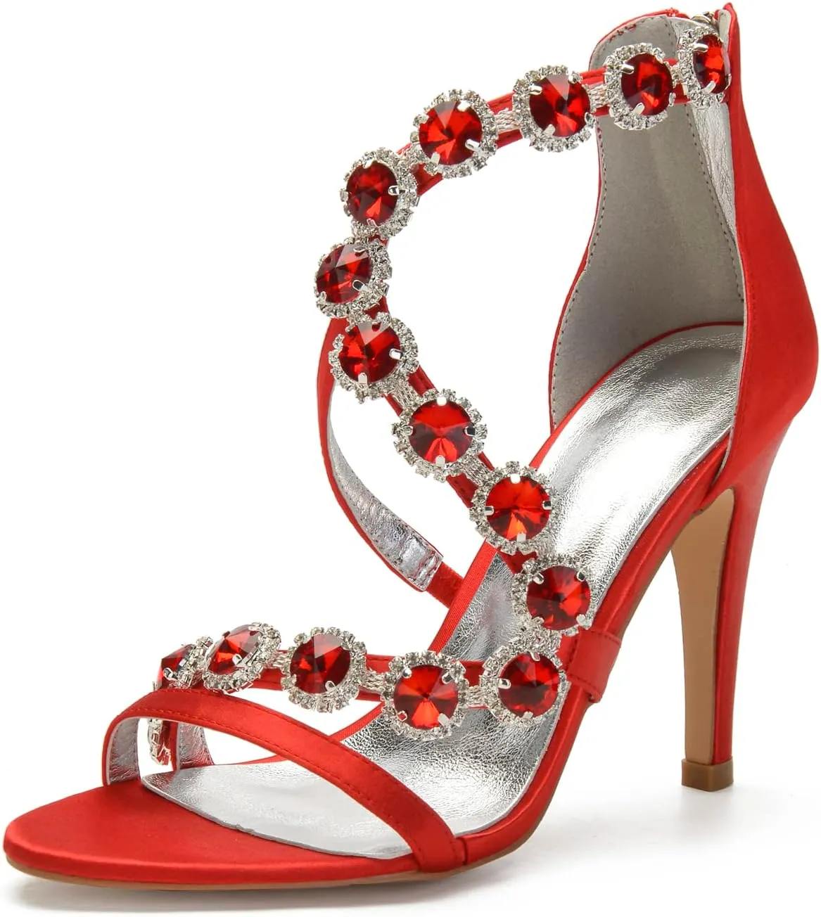 Women's Bridal Wedding Sandals High Heels Crystal Satin Ankle Strap Rhinestones Zipper Back Formal Evening Prom Party Dress Shoes Pumps