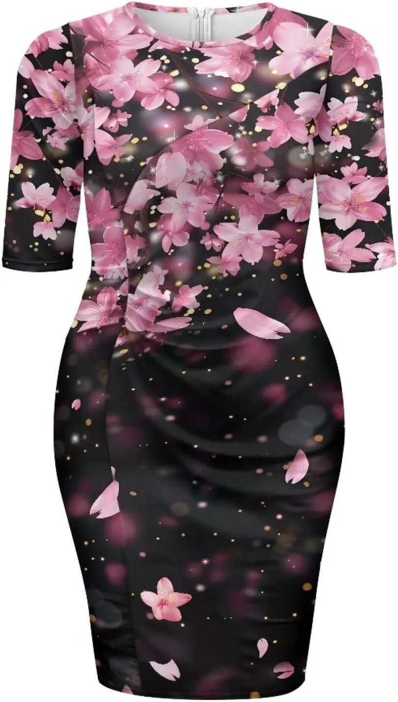 Womens Casual Midi Bodycon Dress 3/4 Sleeve Midi Dress Slim Fit Pencil Dress