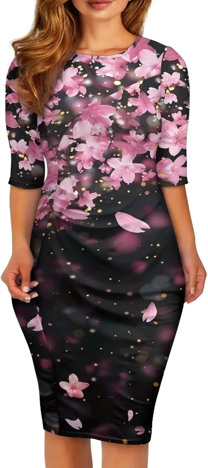 Womens Casual Midi Bodycon Dress 3/4 Sleeve Midi Dress Slim Fit Pencil Dress