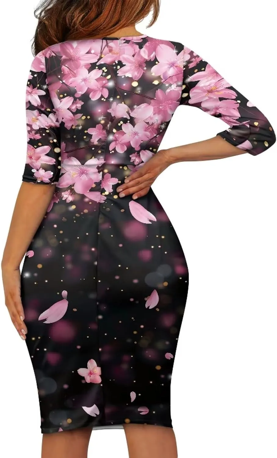 Womens Casual Midi Bodycon Dress 3/4 Sleeve Midi Dress Slim Fit Pencil Dress