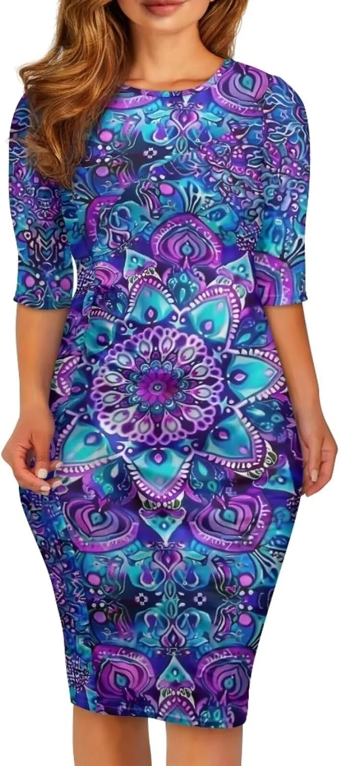 Womens Casual Midi Bodycon Dress 3/4 Sleeve Midi Dress Slim Fit Pencil Dress