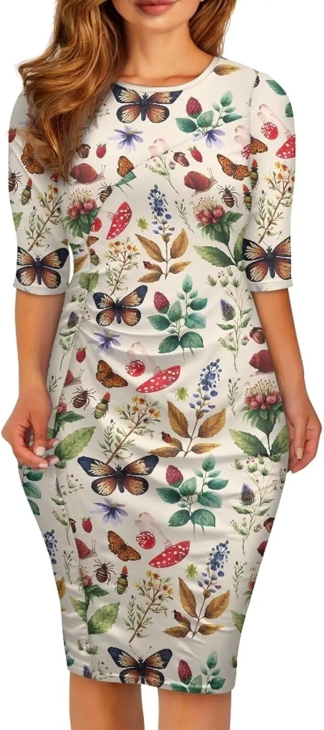 Womens Casual Midi Bodycon Dress 3/4 Sleeve Midi Dress Slim Fit Pencil Dress