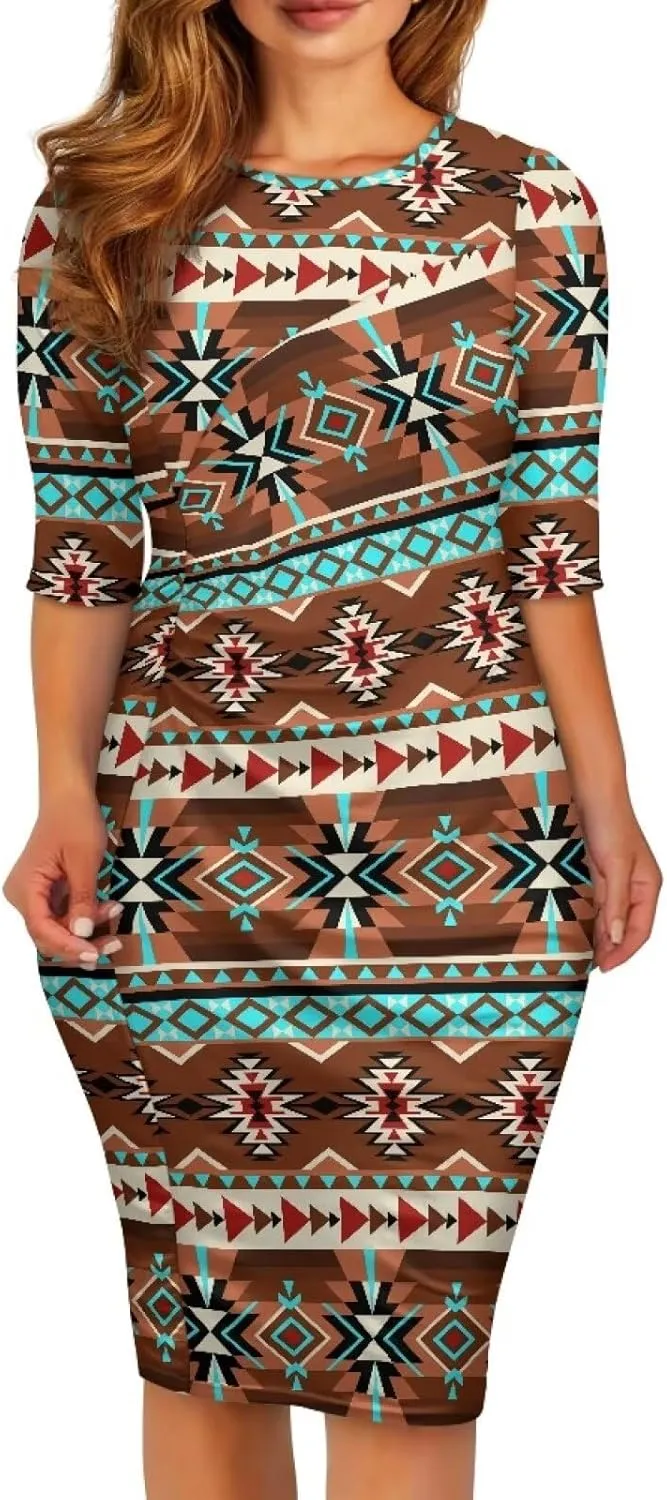 Womens Casual Midi Bodycon Dress 3/4 Sleeve Midi Dress Slim Fit Pencil Dress