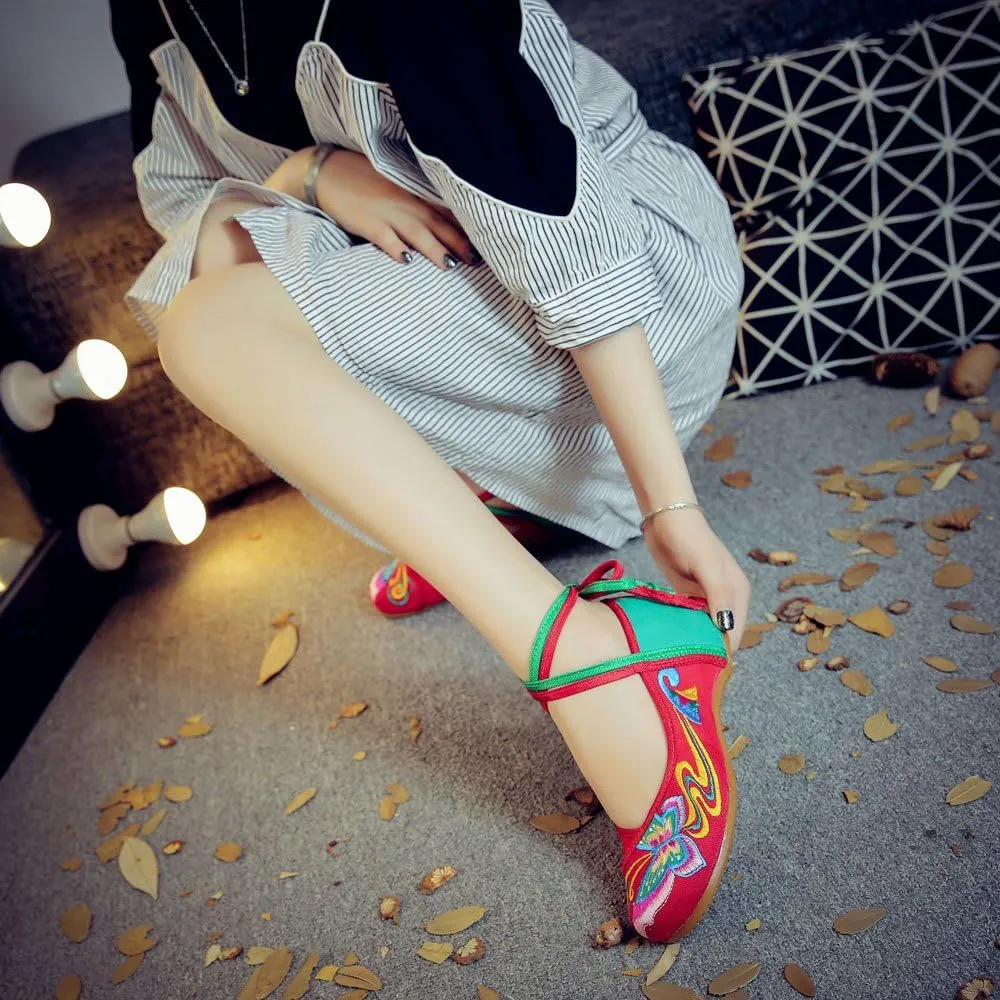 Women's Chinese Traditional Butterfly Embroidered Oxfords Sole Cheongsam Walking Mary Jane Dance Shoes Vintage Casual Flats