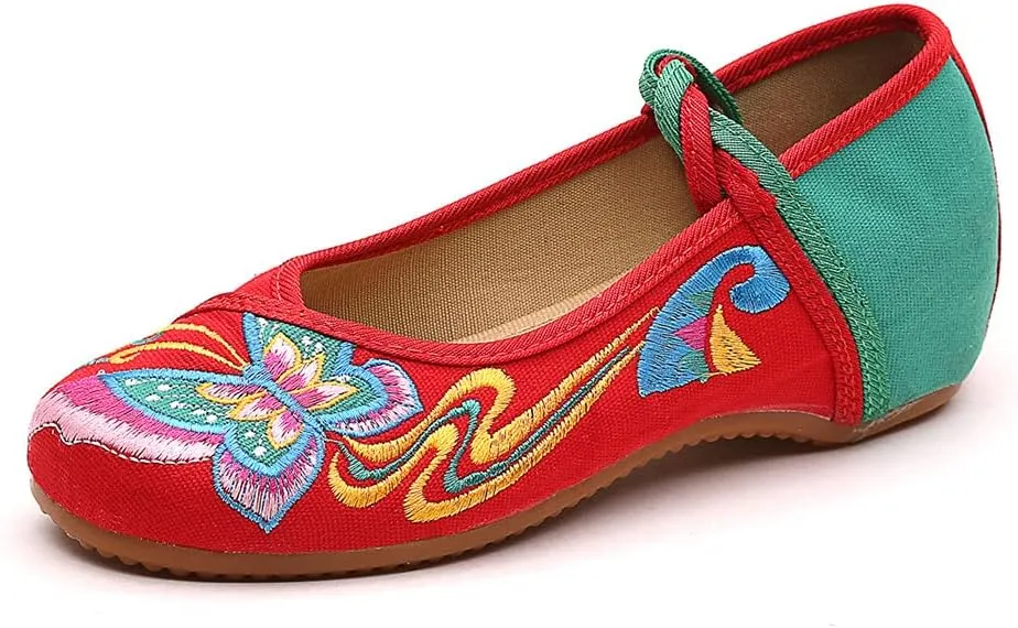 Women's Chinese Traditional Butterfly Embroidered Oxfords Sole Cheongsam Walking Mary Jane Dance Shoes Vintage Casual Flats