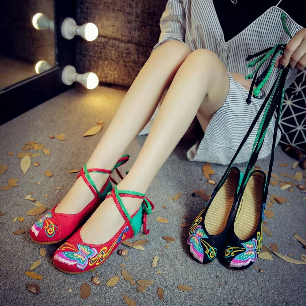 Women's Chinese Traditional Butterfly Embroidered Oxfords Sole Cheongsam Walking Mary Jane Dance Shoes Vintage Casual Flats