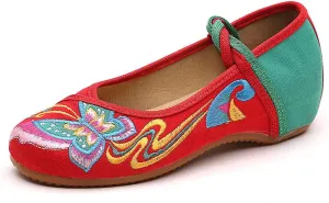 Women's Chinese Traditional Butterfly Embroidered Oxfords Sole Cheongsam Walking Mary Jane Dance Shoes Vintage Casual Flats