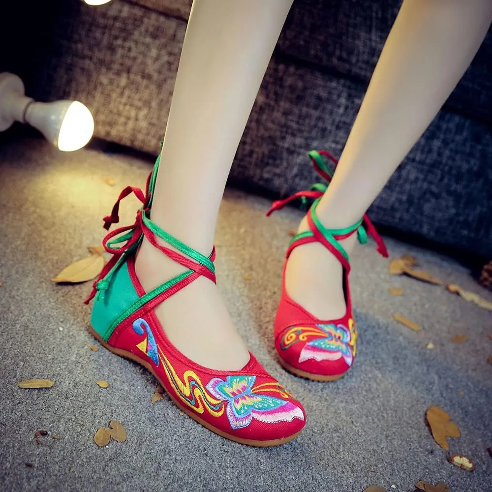 Women's Chinese Traditional Butterfly Embroidered Oxfords Sole Cheongsam Walking Mary Jane Dance Shoes Vintage Casual Flats