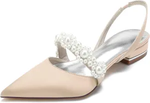 Women's Closed Toe Satin Pearl Wedding Flats Slingback Flats for Bride Prom Evening Bridal Party Dress Flats