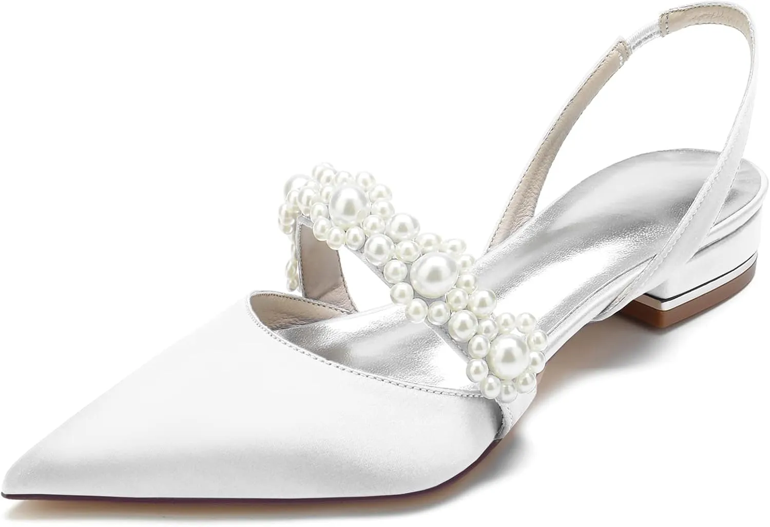 Women's Closed Toe Satin Pearl Wedding Flats Slingback Flats for Bride Prom Evening Bridal Party Dress Flats