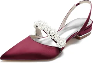 Women's Closed Toe Satin Pearl Wedding Flats Slingback Flats for Bride Prom Evening Bridal Party Dress Flats