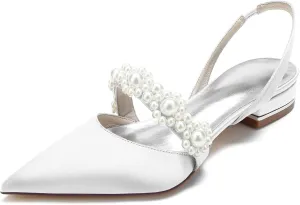 Women's Closed Toe Satin Pearl Wedding Flats Slingback Flats for Bride Prom Evening Bridal Party Dress Flats