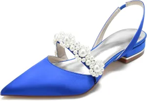 Women's Closed Toe Satin Pearl Wedding Flats Slingback Flats for Bride Prom Evening Bridal Party Dress Flats