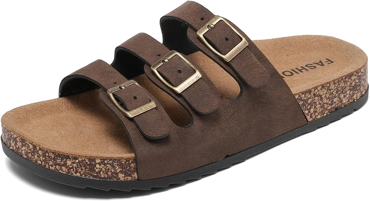 Women's Cork Footbed Sandals, Mens Open Toe Slides with Adjustable Buckle Comfort Slip On Slippers for Summer