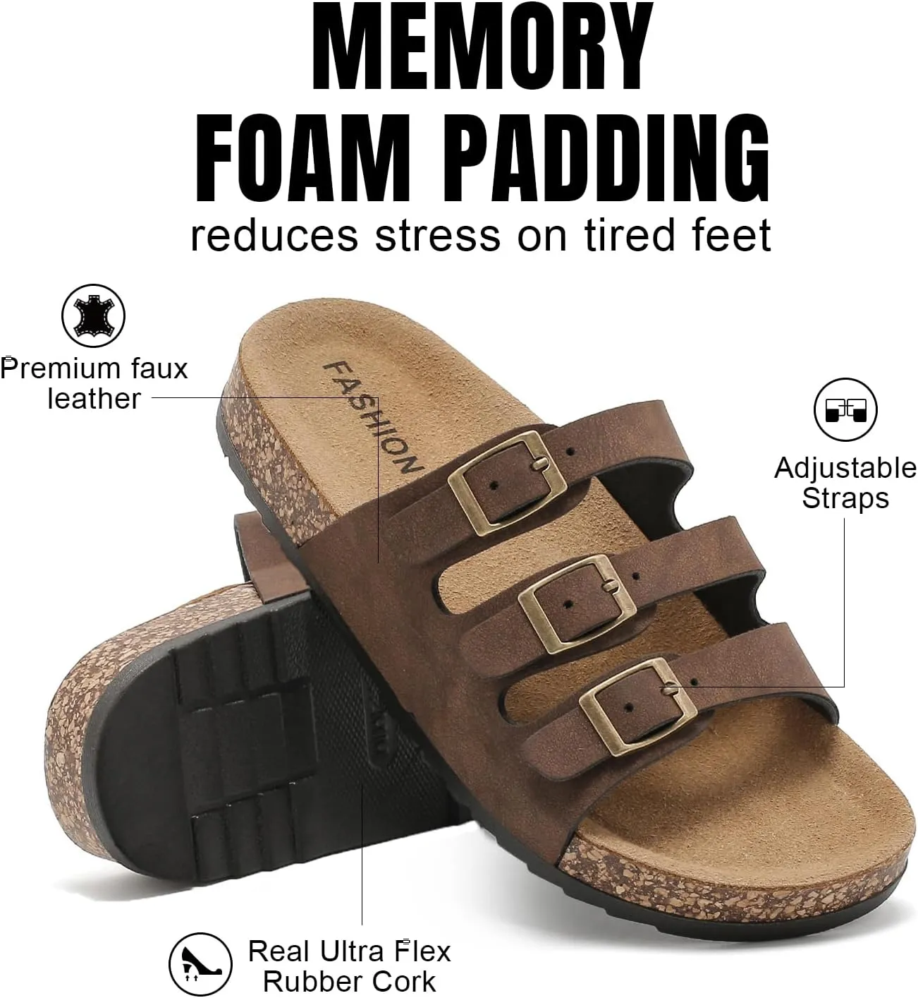 Women's Cork Footbed Sandals, Mens Open Toe Slides with Adjustable Buckle Comfort Slip On Slippers for Summer