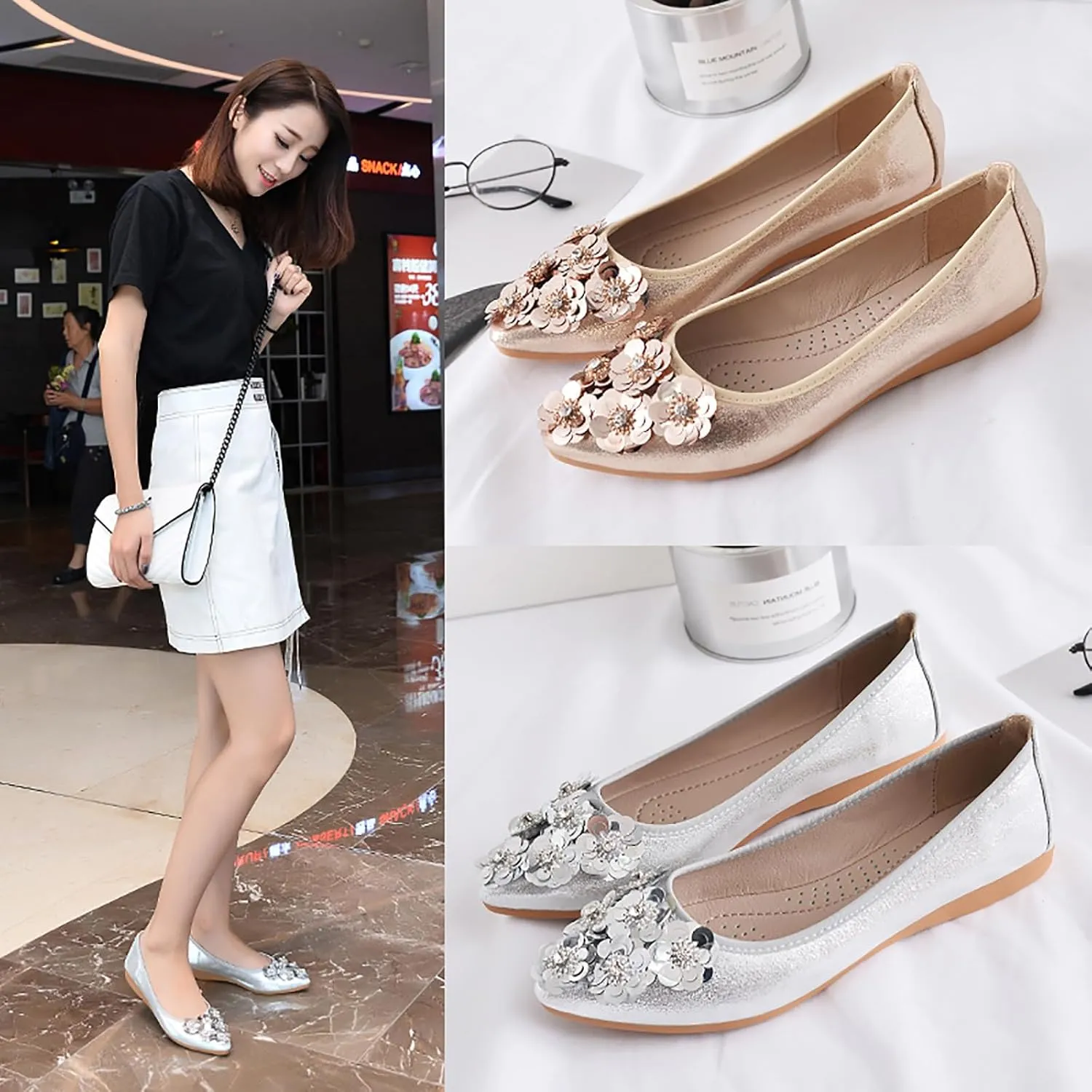 Women's Flats, Foldable Ballet Flats for Women, Flower Pionted Toe Comfort Light Weight Slip-On Dress Shoes
