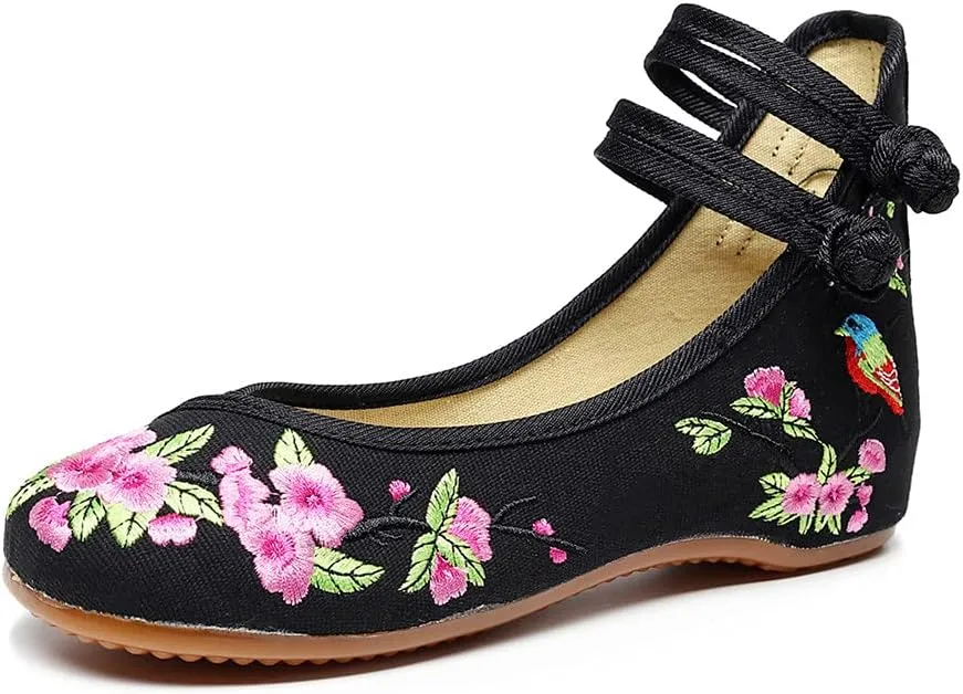 Women's Floral Embroidered Flat Shoes Chinese Traditional Strap Walking Mary Jane Flats Handmade Flower Embroidery Dress Shoes for Cheongsam