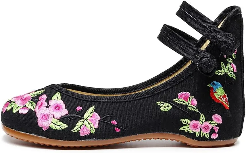 Women's Floral Embroidered Flat Shoes Chinese Traditional Strap Walking Mary Jane Flats Handmade Flower Embroidery Dress Shoes for Cheongsam