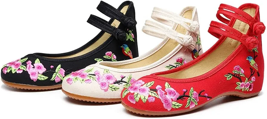 Women's Floral Embroidered Flat Shoes Chinese Traditional Strap Walking Mary Jane Flats Handmade Flower Embroidery Dress Shoes for Cheongsam