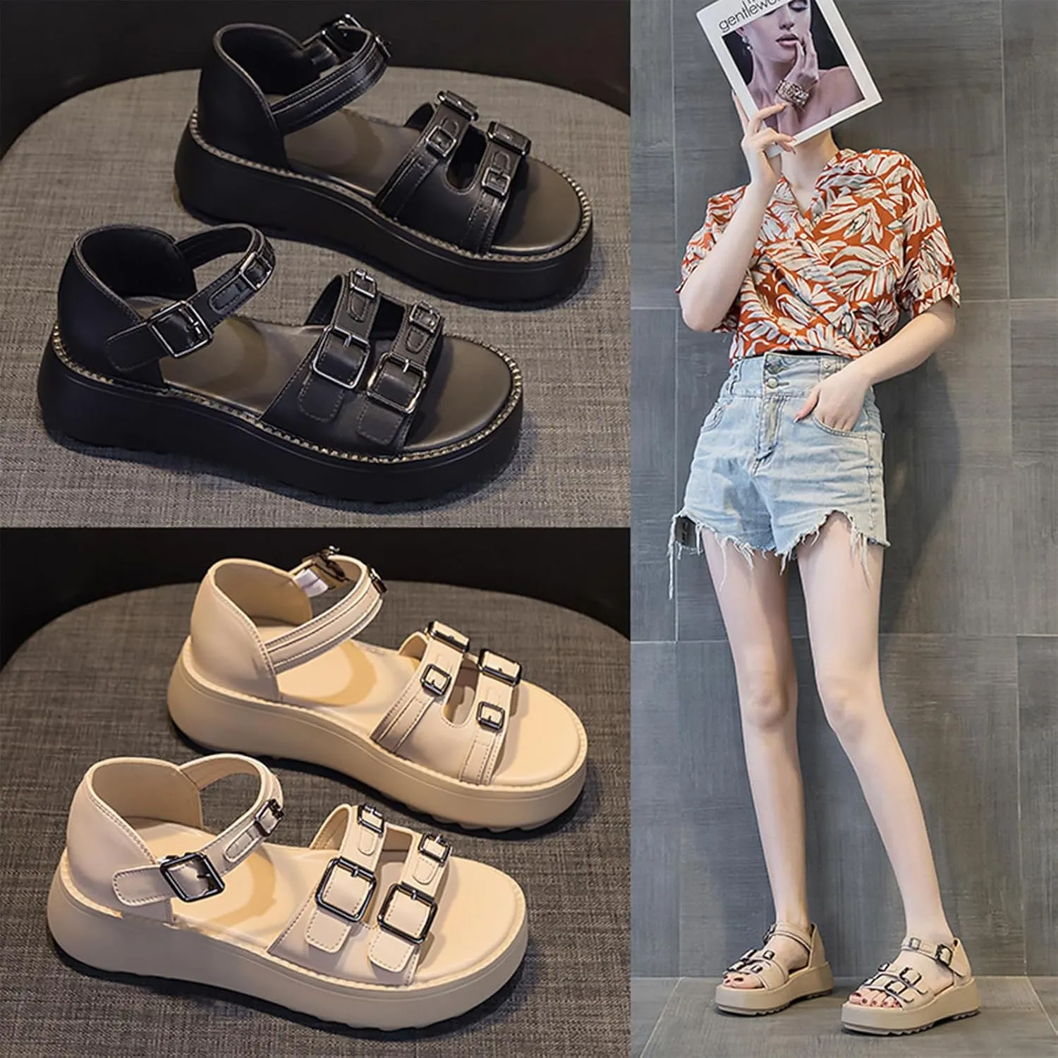 Women's Genuine Leather Platform Double Strap Sandals Comfortable Round Open Toe Adjust Ankle Buckle Non-Slip Soft Sole Outdoor Casual Beach Walking Sandals