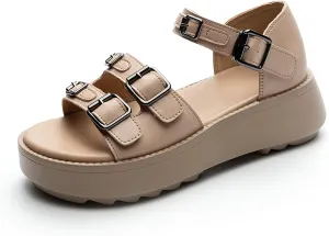 Women's Genuine Leather Platform Double Strap Sandals Comfortable Round Open Toe Adjust Ankle Buckle Non-Slip Soft Sole Outdoor Casual Beach Walking Sandals