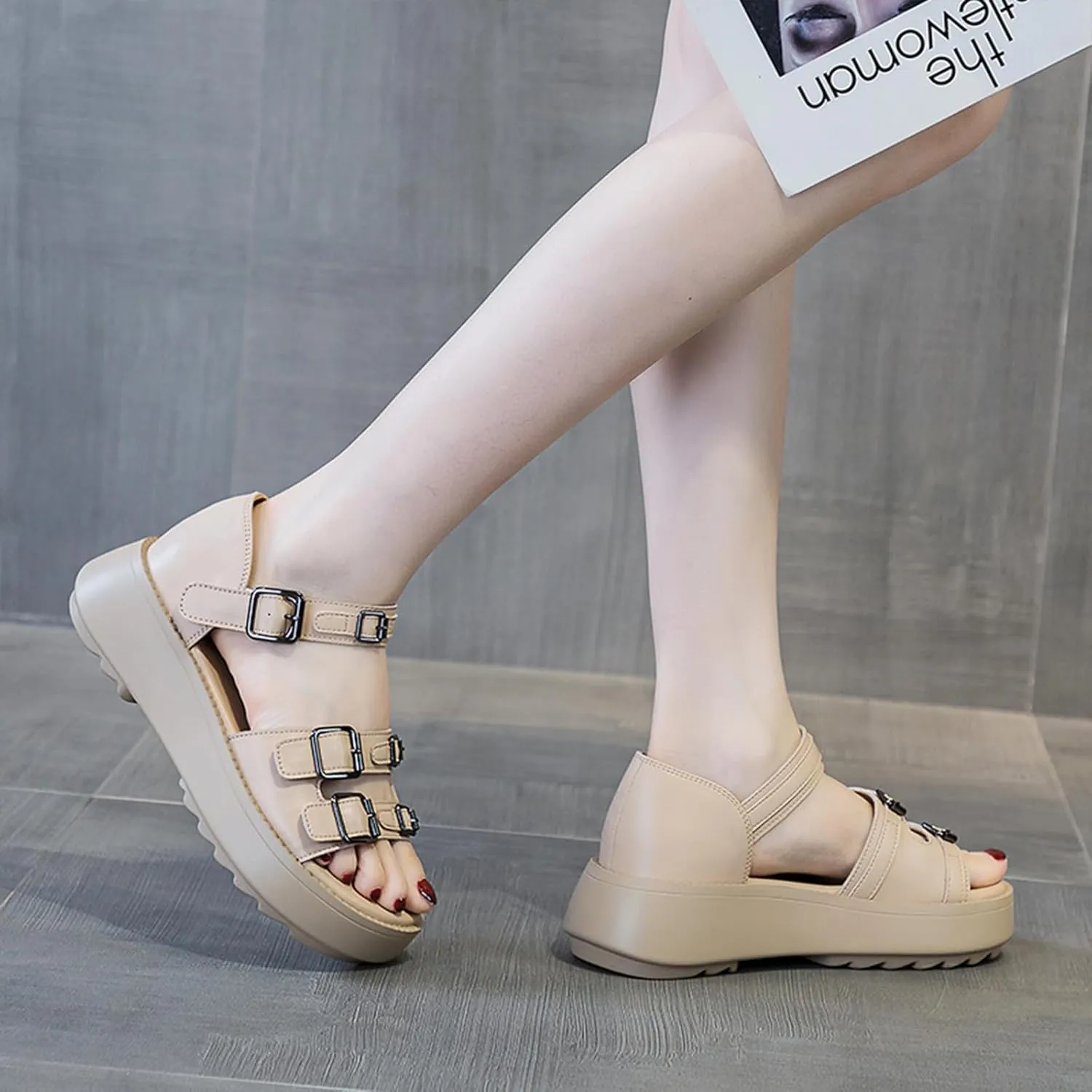 Women's Genuine Leather Platform Double Strap Sandals Comfortable Round Open Toe Adjust Ankle Buckle Non-Slip Soft Sole Outdoor Casual Beach Walking Sandals