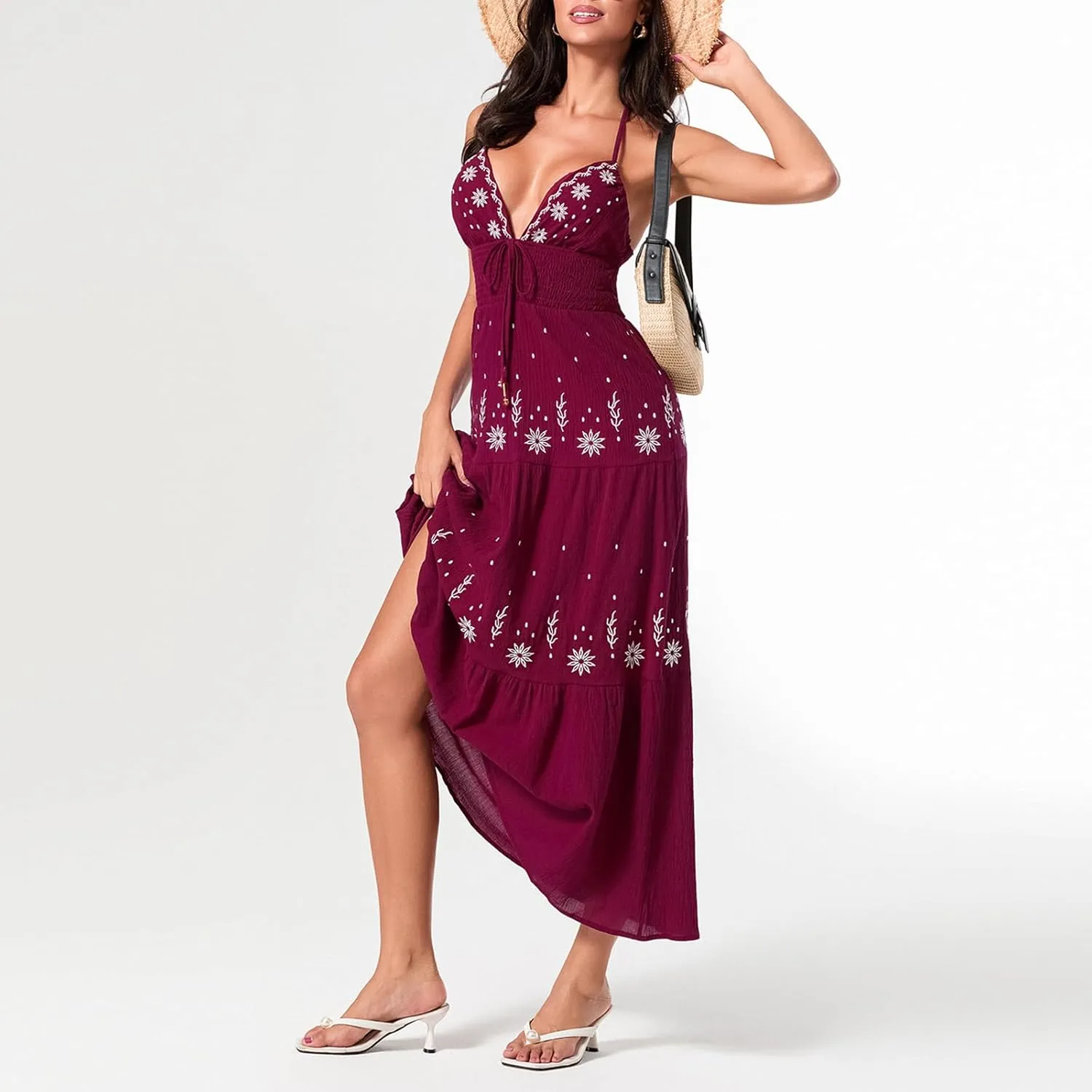 Women's Halter Neck Cami Long Dress Deep V Neck Backless Floral Embroidery Maxi Dress Summer Beach Vacation Sundress