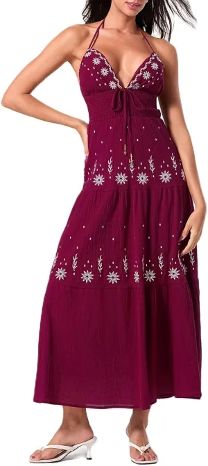 Women's Halter Neck Cami Long Dress Deep V Neck Backless Floral Embroidery Maxi Dress Summer Beach Vacation Sundress