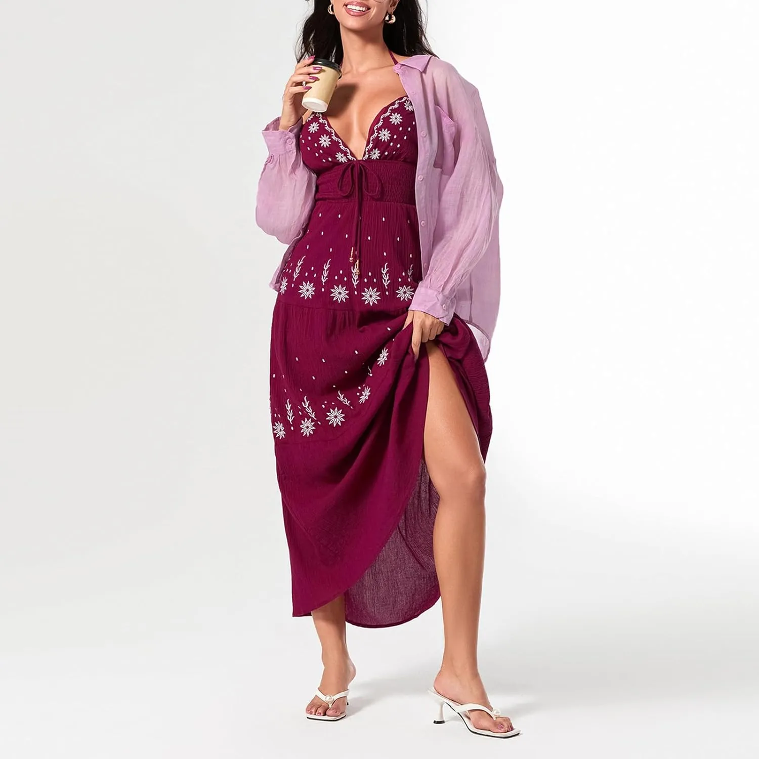 Women's Halter Neck Cami Long Dress Deep V Neck Backless Floral Embroidery Maxi Dress Summer Beach Vacation Sundress