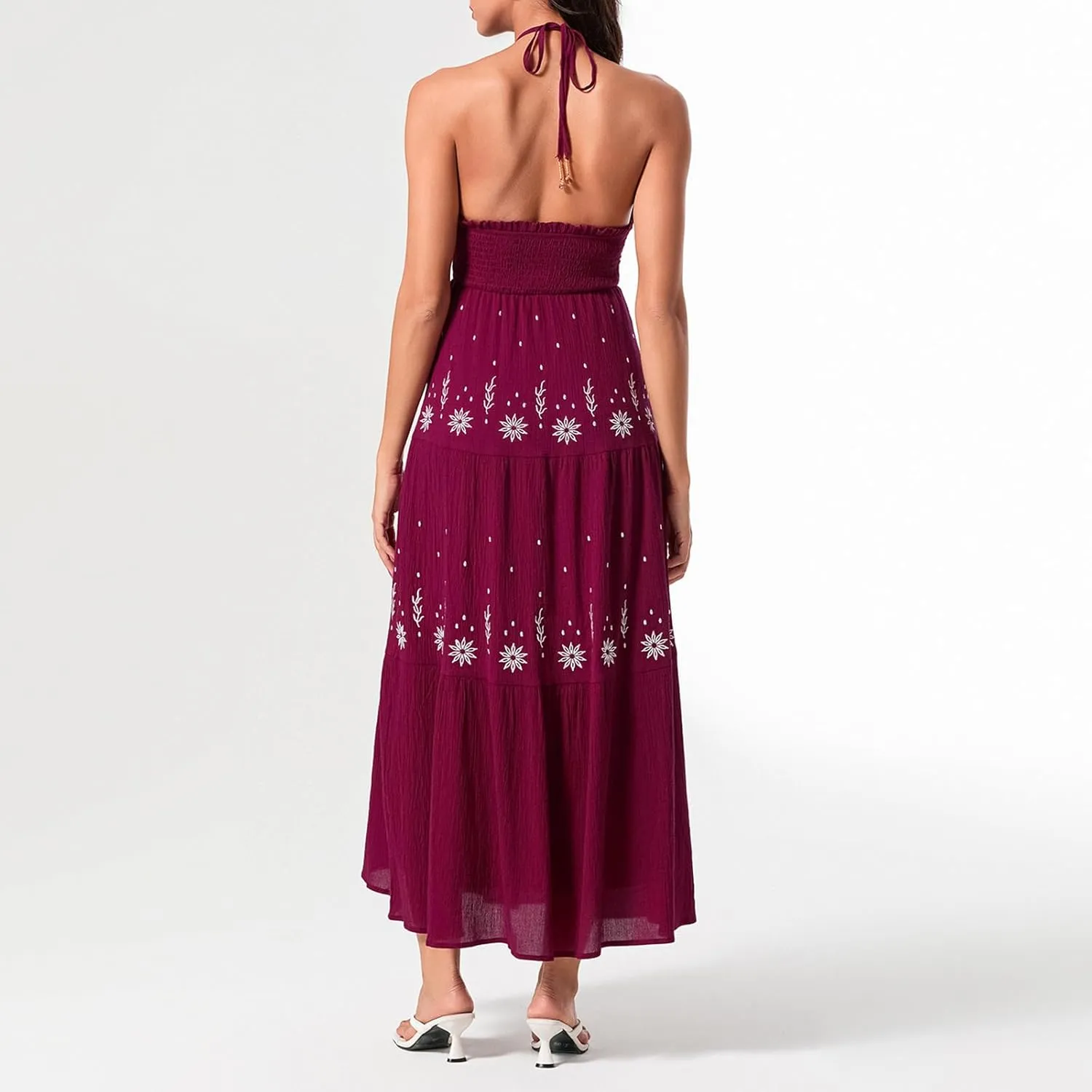 Women's Halter Neck Cami Long Dress Deep V Neck Backless Floral Embroidery Maxi Dress Summer Beach Vacation Sundress