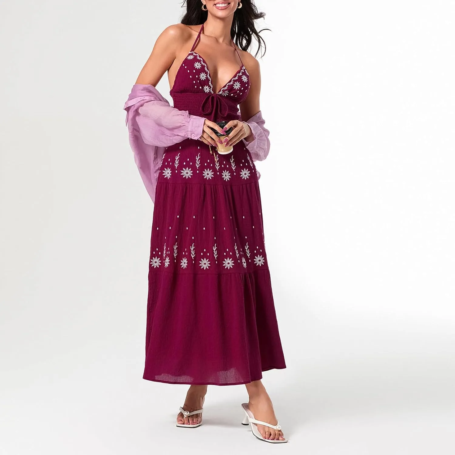 Women's Halter Neck Cami Long Dress Deep V Neck Backless Floral Embroidery Maxi Dress Summer Beach Vacation Sundress