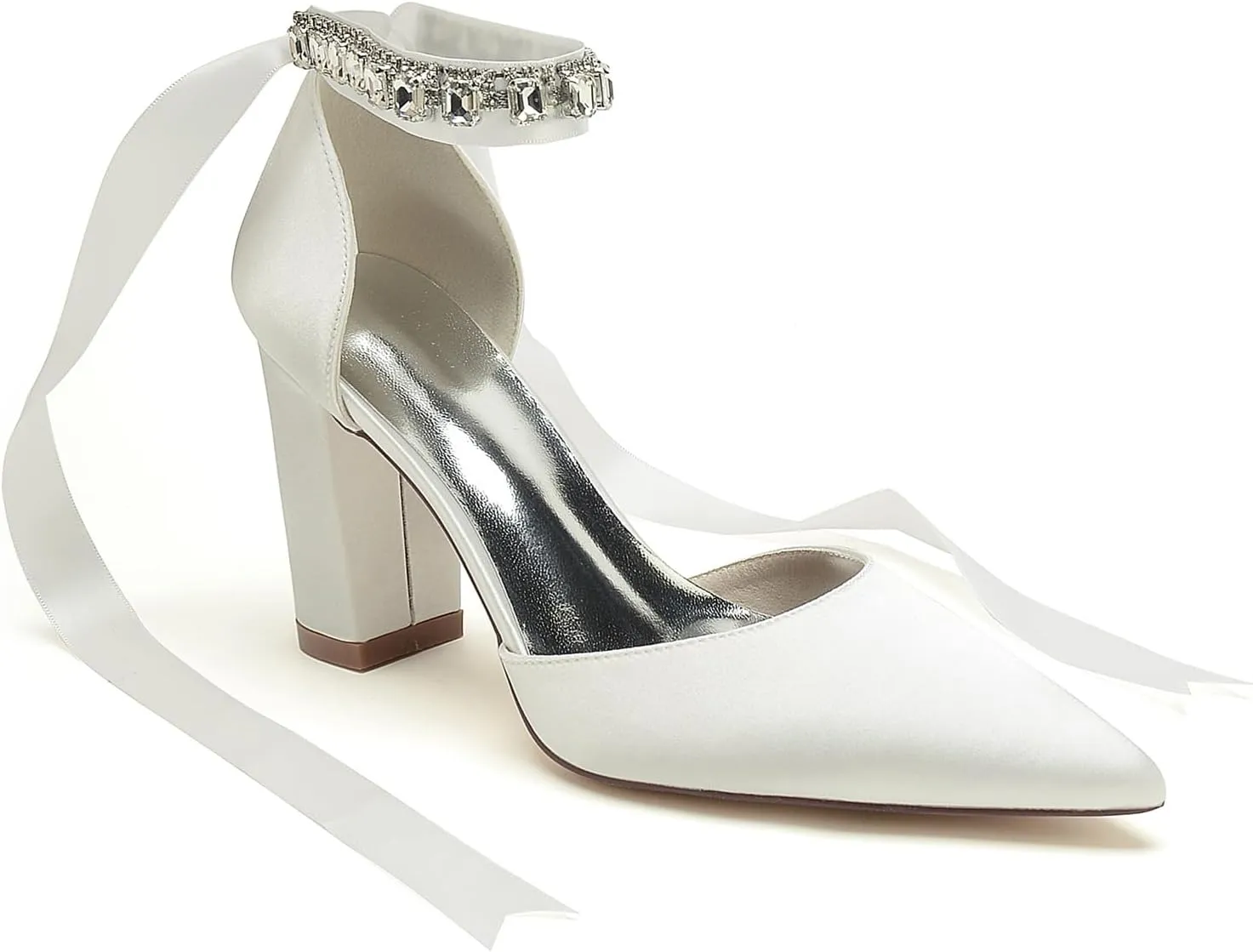 Women's High Chunky Closed Toe Block Heels Satin Crystal Wedding Party Pumps Shoes for Prom Evening Party