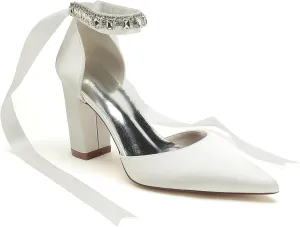 Women's High Chunky Closed Toe Block Heels Satin Crystal Wedding Party Pumps Shoes for Prom Evening Party