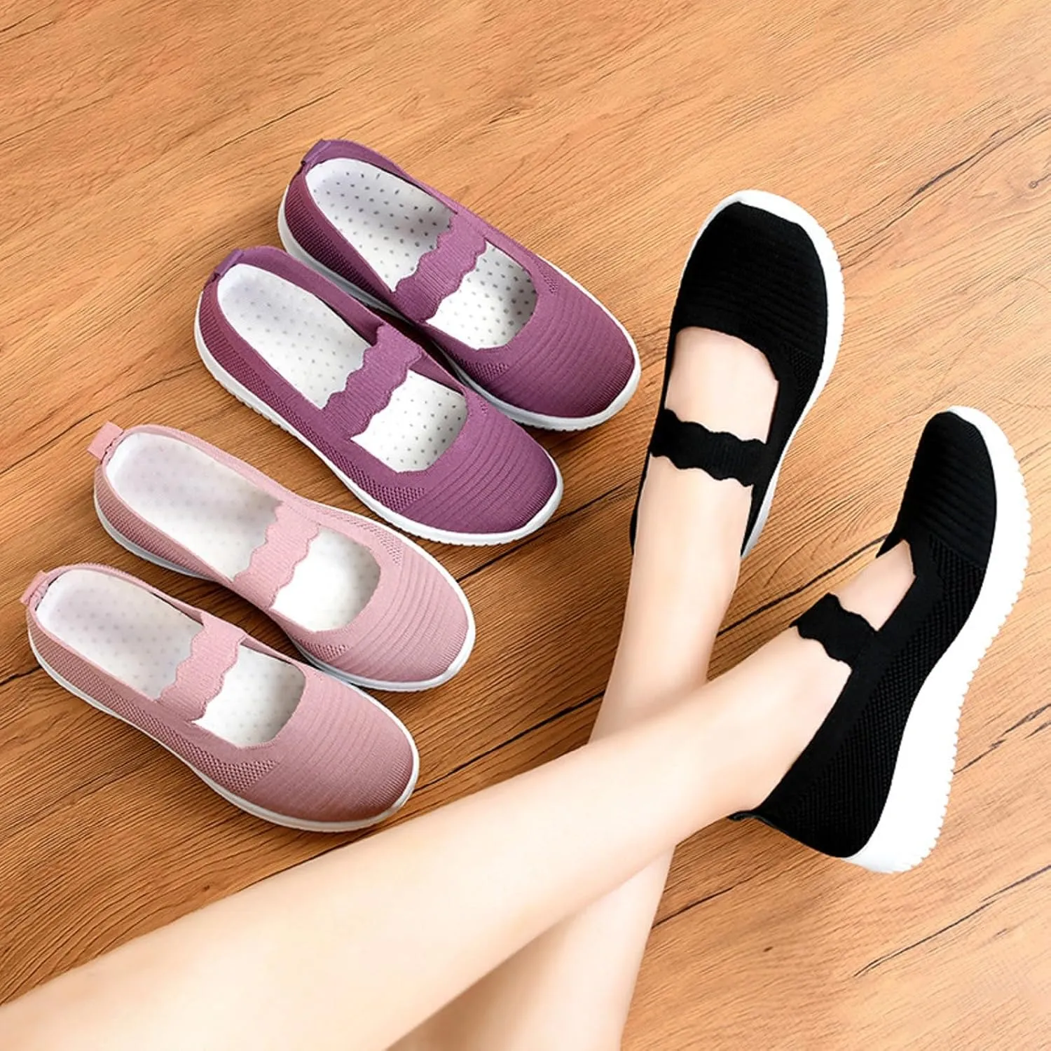 Women's Knitted Mesh Lightweight Walking Sneakers,Casual Lightweight Arch Support Slip On Orthotic Soft Sole Shoes Breathable Non Slip Nurse Work Shoes
