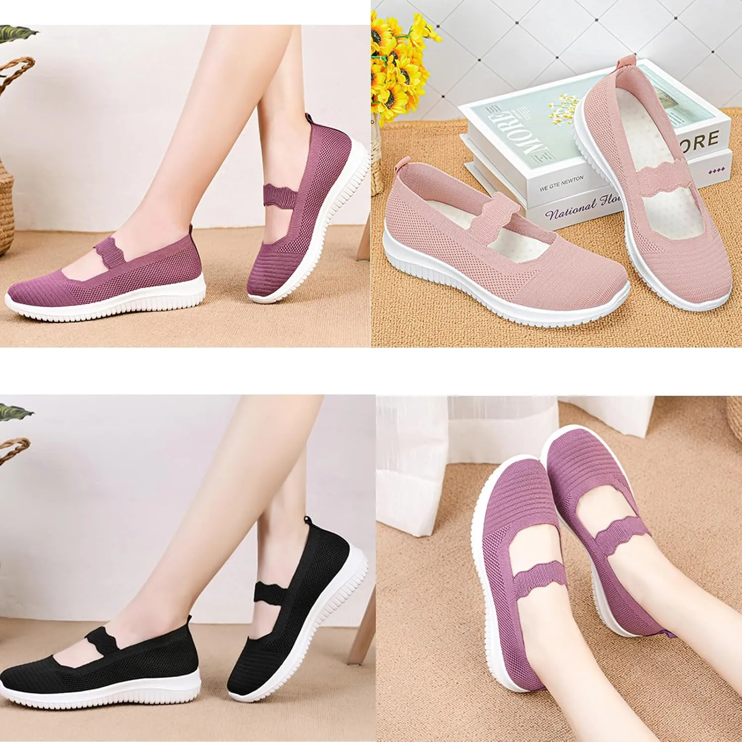 Women's Knitted Mesh Lightweight Walking Sneakers,Casual Lightweight Arch Support Slip On Orthotic Soft Sole Shoes Breathable Non Slip Nurse Work Shoes