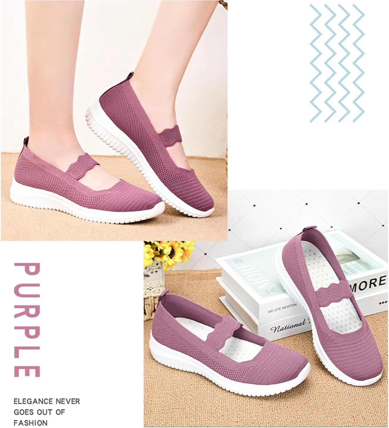 Women's Knitted Mesh Lightweight Walking Sneakers,Casual Lightweight Arch Support Slip On Orthotic Soft Sole Shoes Breathable Non Slip Nurse Work Shoes
