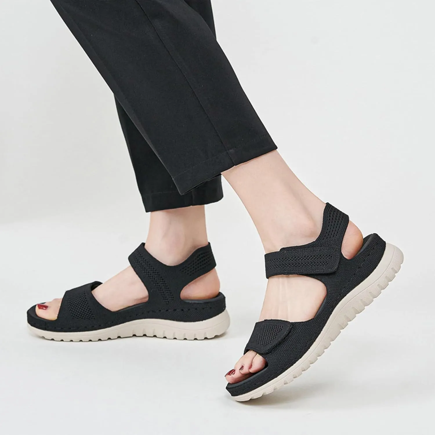 Women's Knitted Mesh Platform Walking Sandals with Arch Support Adjustable Hook and Loop Open Toe Breathable Soft Sole Mam Sandals Lightweight Non-Slip Casual Beach Sandals