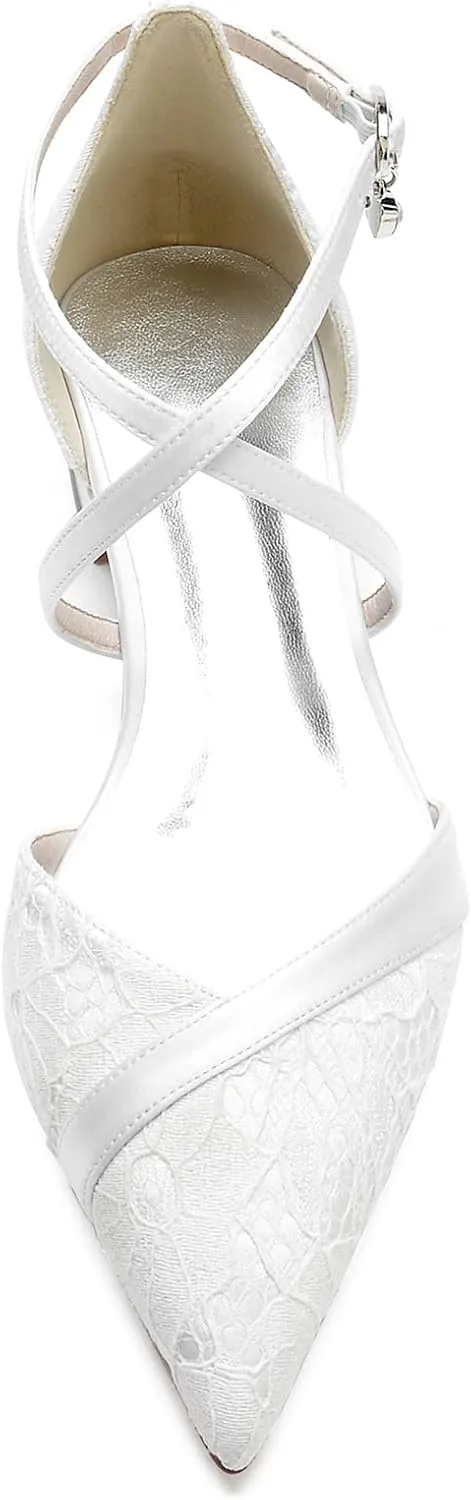 Women's Lace Flats Criss Cross Pointed Toe Wedding Bridal Shoes Prom Evening Dress Pumps Shoes
